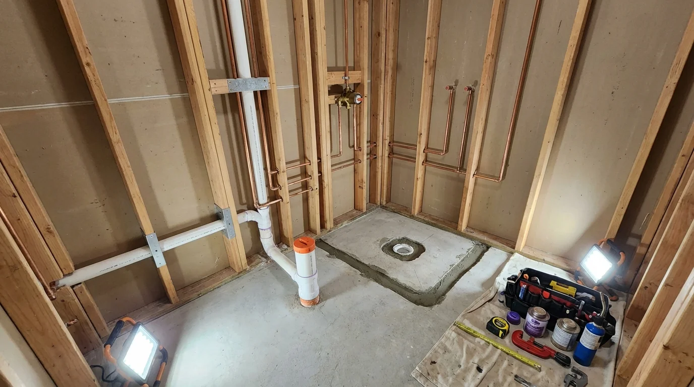 Bathroom rough-in plumbing during remodel by Johns Plumbing LLC in Morongo Valley