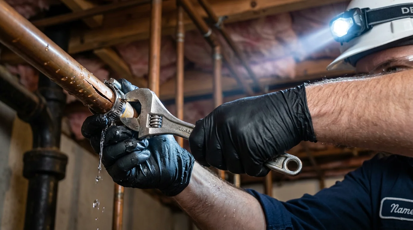 Emergency pipe clamp repair being performed by a Johns Plumbing LLC plumber in Morongo Valley