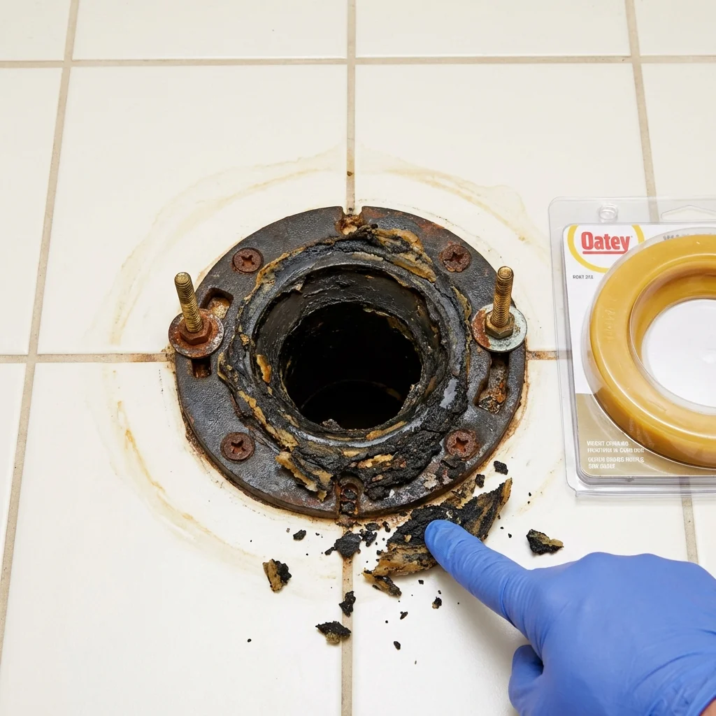 Failed wax ring showing water seepage at the base of a toilet in a Morongo Valley, CA home